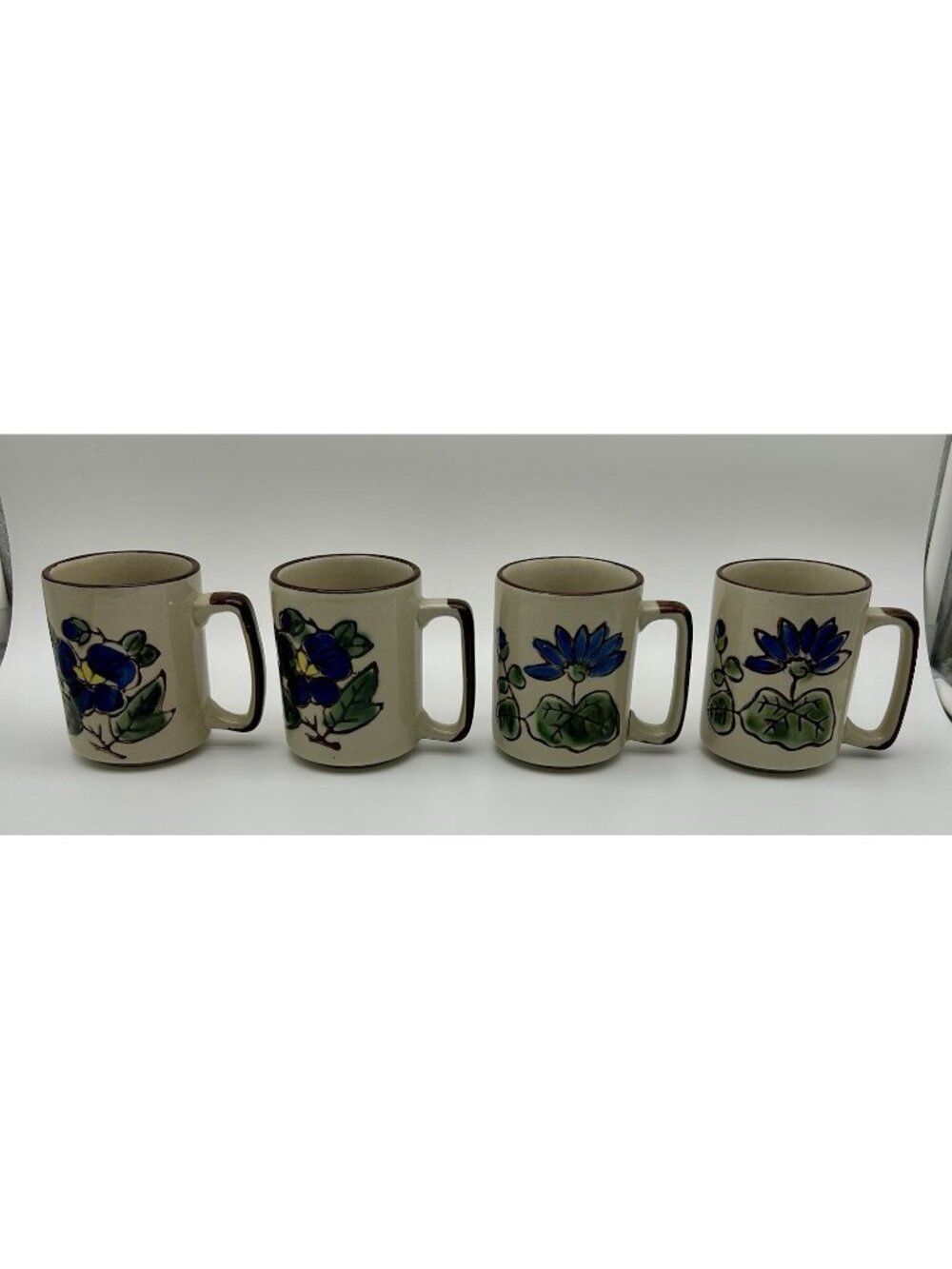 Set of 4 Vintage Stoneware Blue and Green Flower Coffee Mugs
